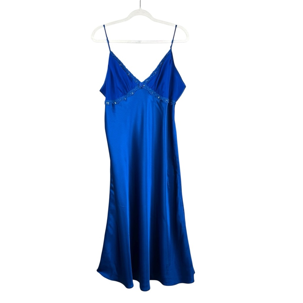 VTG INNER MOST Royal Blue Maxi Satin Retro Sexy Lace Slip Vintage Dress Lingerie - Picture 3 of 12